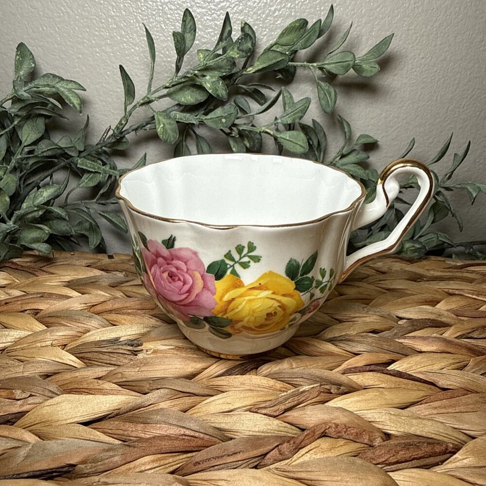 Crown Prince Bone China England Tea Cup Pink Yellow Roses Gold Trim Vintage READ